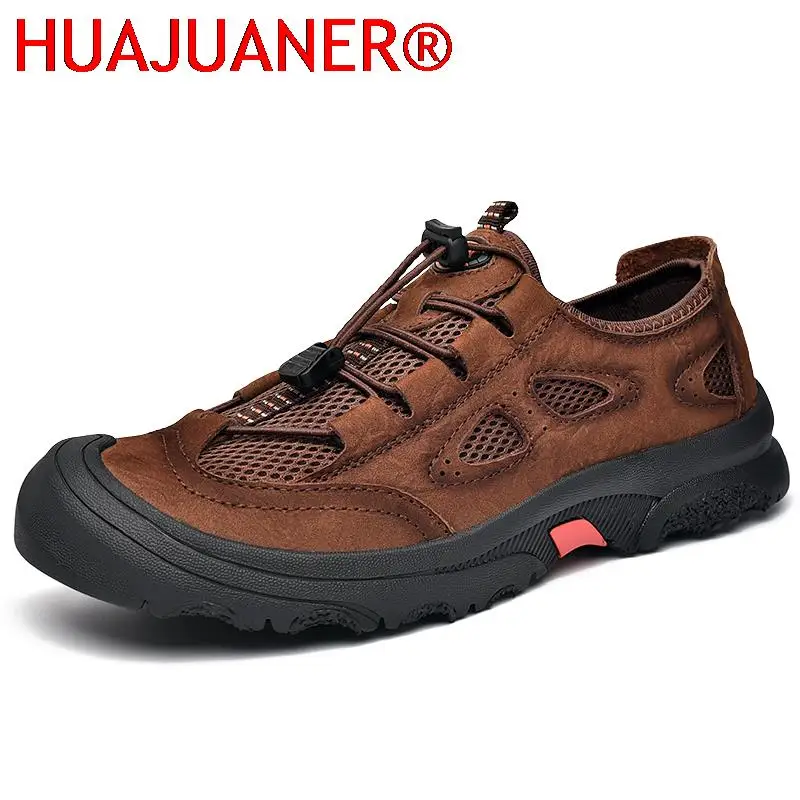 

Outdoor Men Casual Shoes Genuine Leather Mens Shoes Brand Climbing Hiking Travel Shoes Breathable Man Sneakers Summer Footwear