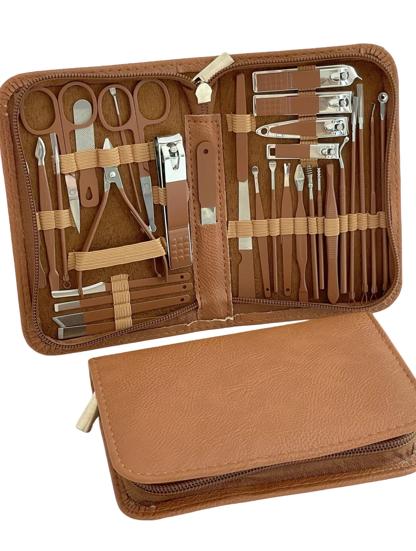 Nuovo set tagliaunghie da 32 pezzi marrone Set manicure strumento per la cura del piede tagliaunghie set tagliacapelli per sopracciglia con borsa da viaggio portatile con cerniera