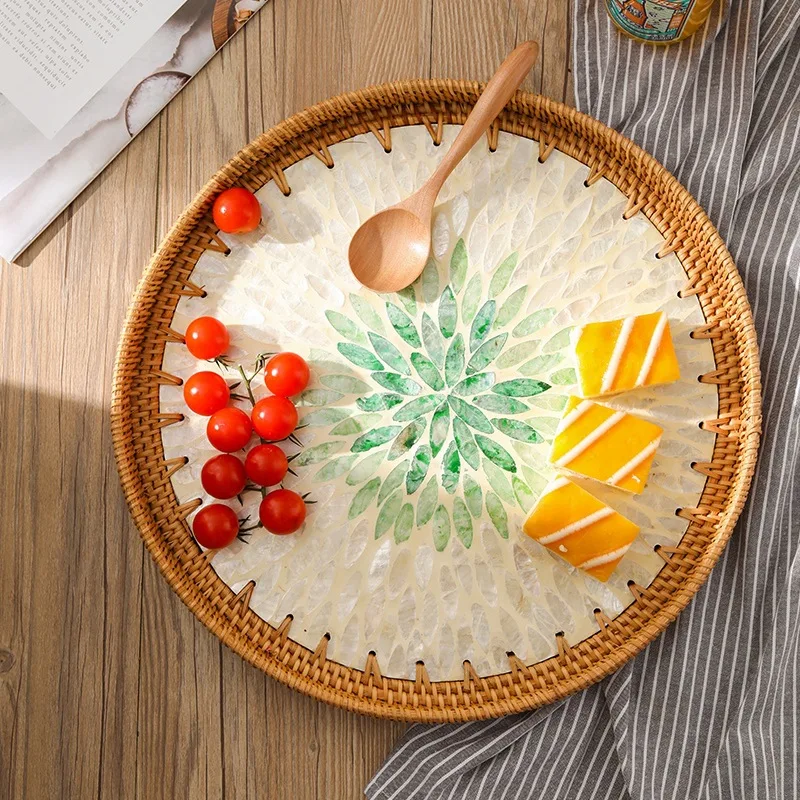 Hand Made Rattan Woven Color Shell Tray Fruit Tray Household Living Room Coffee Table Storage Box Fruit Inventory Heart Plate
