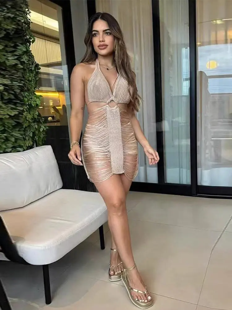 Tassel Mini Halter Dress Women Sexy Backless Sleeveless Lace Up Bodycon Dresses Female 2025 Summer Party Beach Ladies Slim Robes
