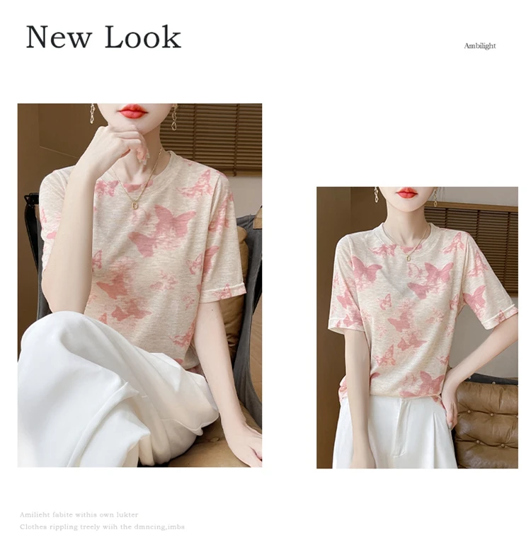 Summer New Women's Round Neck Printed Knitted Short-Sleeved Thin T-shirt Loose Bottoming Shirt