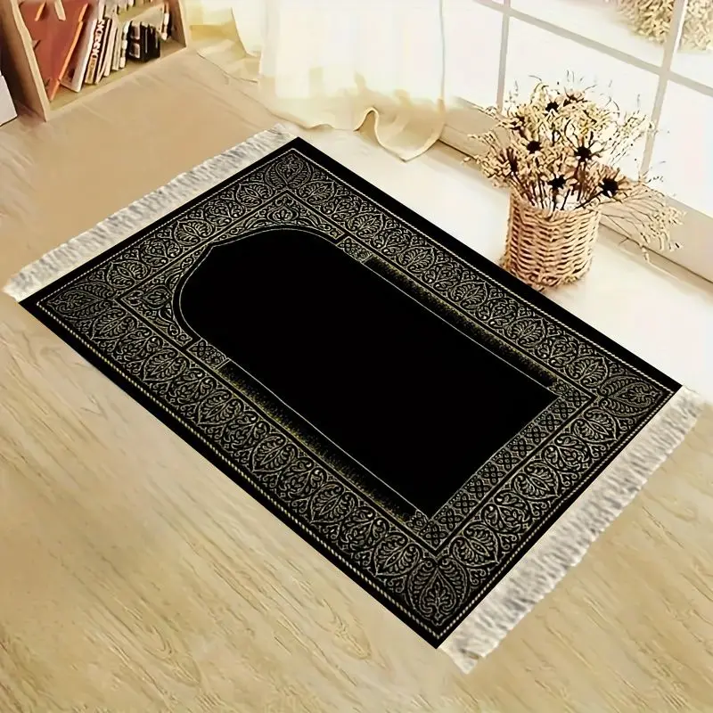 VIKAMA Black Gold Retro Arab Mosque Arch Prayer Mat, Durable & Portable, Comfortable Kneeling Carpet for Home & Mosque