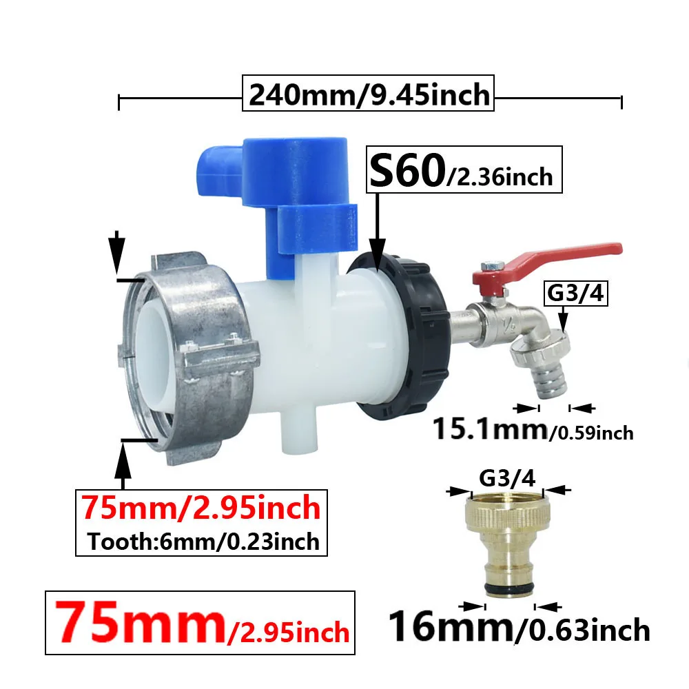 

S60 75 мм IBC адаптер для крана бака DN40 DN50 Кран 16 мм Соединительный шланг для сосков Клапаны Фитинги Садовые резервуары для воды Кран