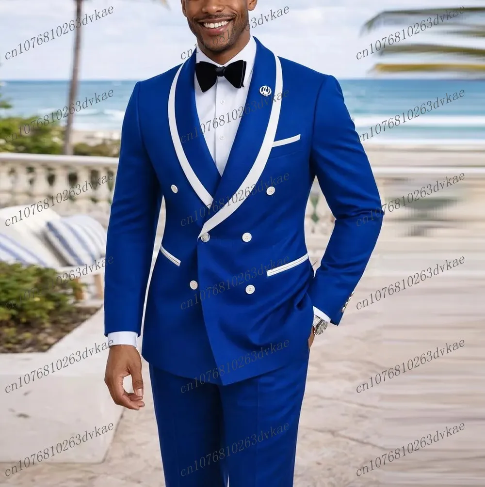 

Новый бело-синий деловой костюм для мужчин, свадебный, для выпускного, для жениха, для свидетелей, для торжественных мероприятий, смокинг, комплект из 2 предметов: пиджак и брюки