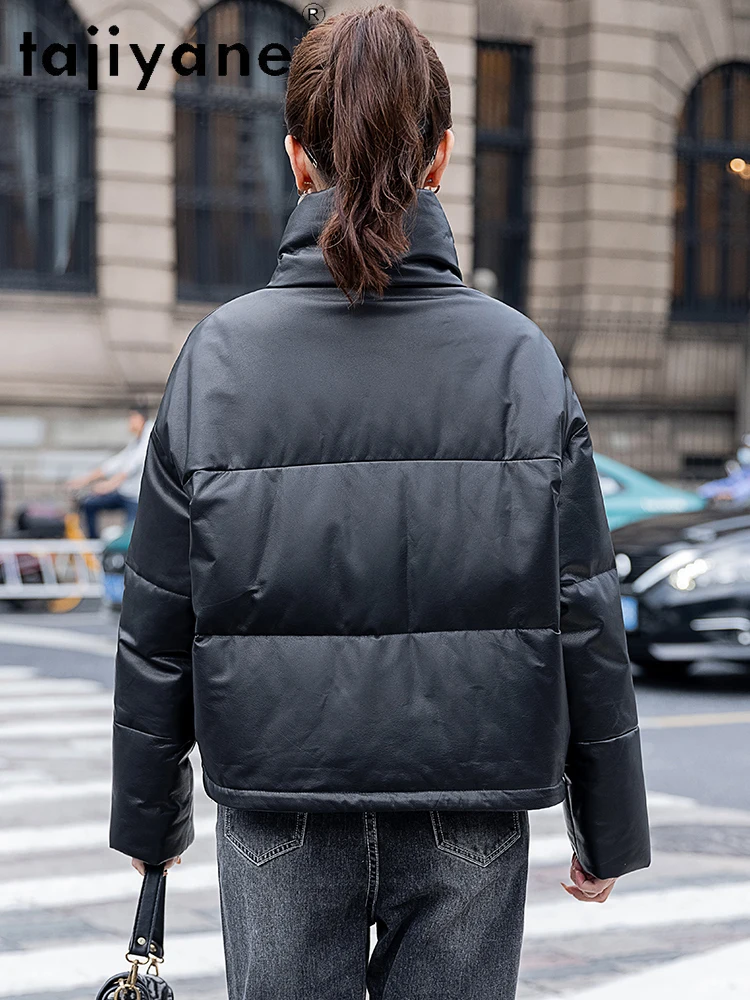 TAJIYANE 100% جلد البقر أوزة أسفل معطف امرأة أنيقة قصيرة سترة منفوخة لوكس سترات من الجلد الطبيعي 2025 ملابس حريمي 신상 Jadiitet