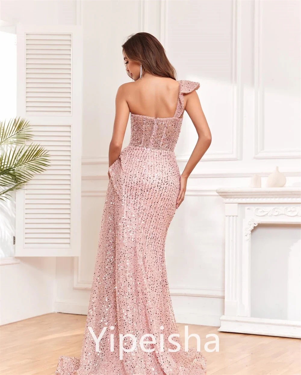 Yipeisha-vestido de chiffon de um ombro a linha para mulheres, paillette noite simples, festa requintada