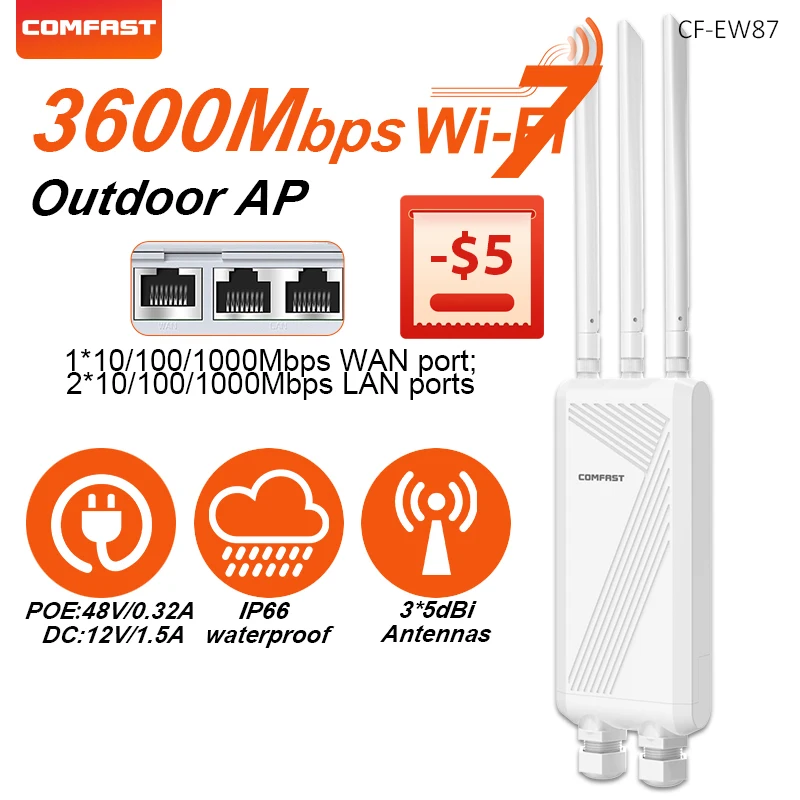 

Comfast Outdoor WiFi7 IP66 Waterproof 2.4G/5.8G Access Piont 3600Mbps Wireless AP With 3*5dBi Antennas 48V POE/12V DC Powered