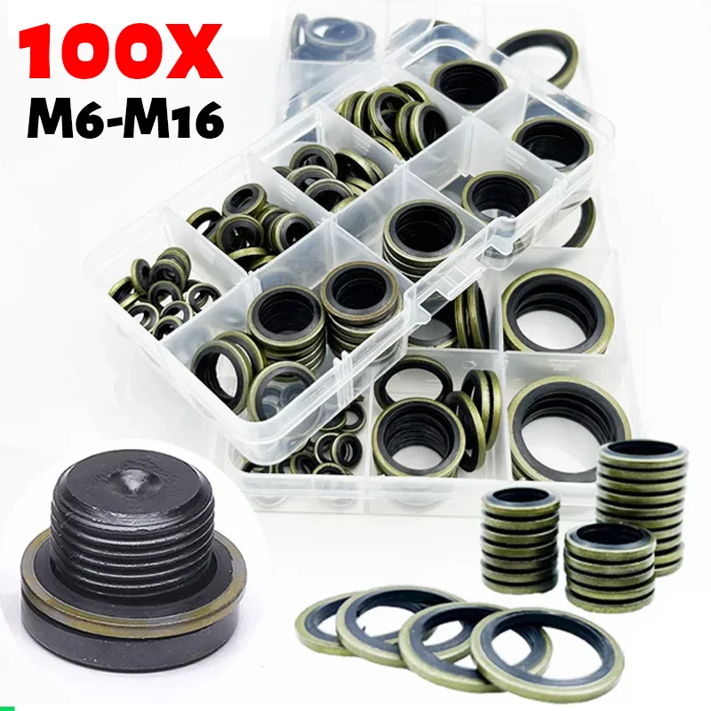 100x Car Drain Plug Gasket High Press Hydralic Rubber Oil Pip Bonded Washer Metal Drain Plug Sealing Ring M6 M8 M10 M12 M14 M16