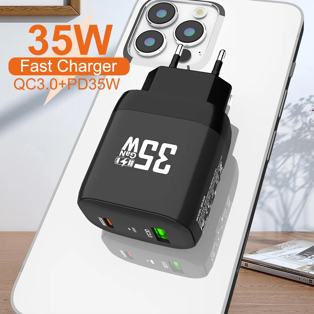 GaN USB tipo C carregador de telefone, carregamento rápido portátil, QC 3.0 adaptador de energia para iPhone 15, 14, 13, Samsung, Huawei, 35W