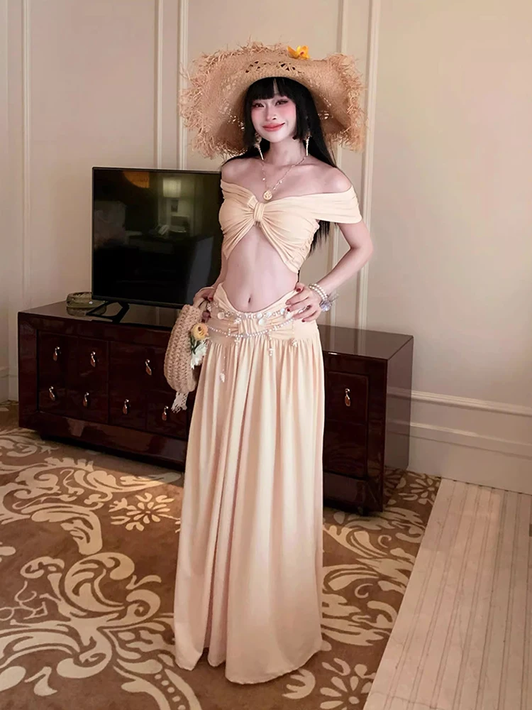 REDDACHiC Twist Corset Top Skirt Set Women One-shoulder Crop Top Draped Flowy Maxi Skirt Birthday Party Vacation Summer Clothes