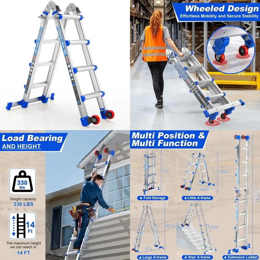 

Складная удлинительная лестница 14 футов с колесами, стабилизатором, грузоподъемностью 330 фунтов, многопозиционная защитная лестница для наружного использования