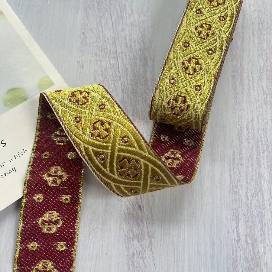 Gold silk Embroidery Cross Pattern Ribbon Lace Jacquard Woven Webbing DIY Clothing Shoes Edge Sewing Accessories 3.3cm 7Meter