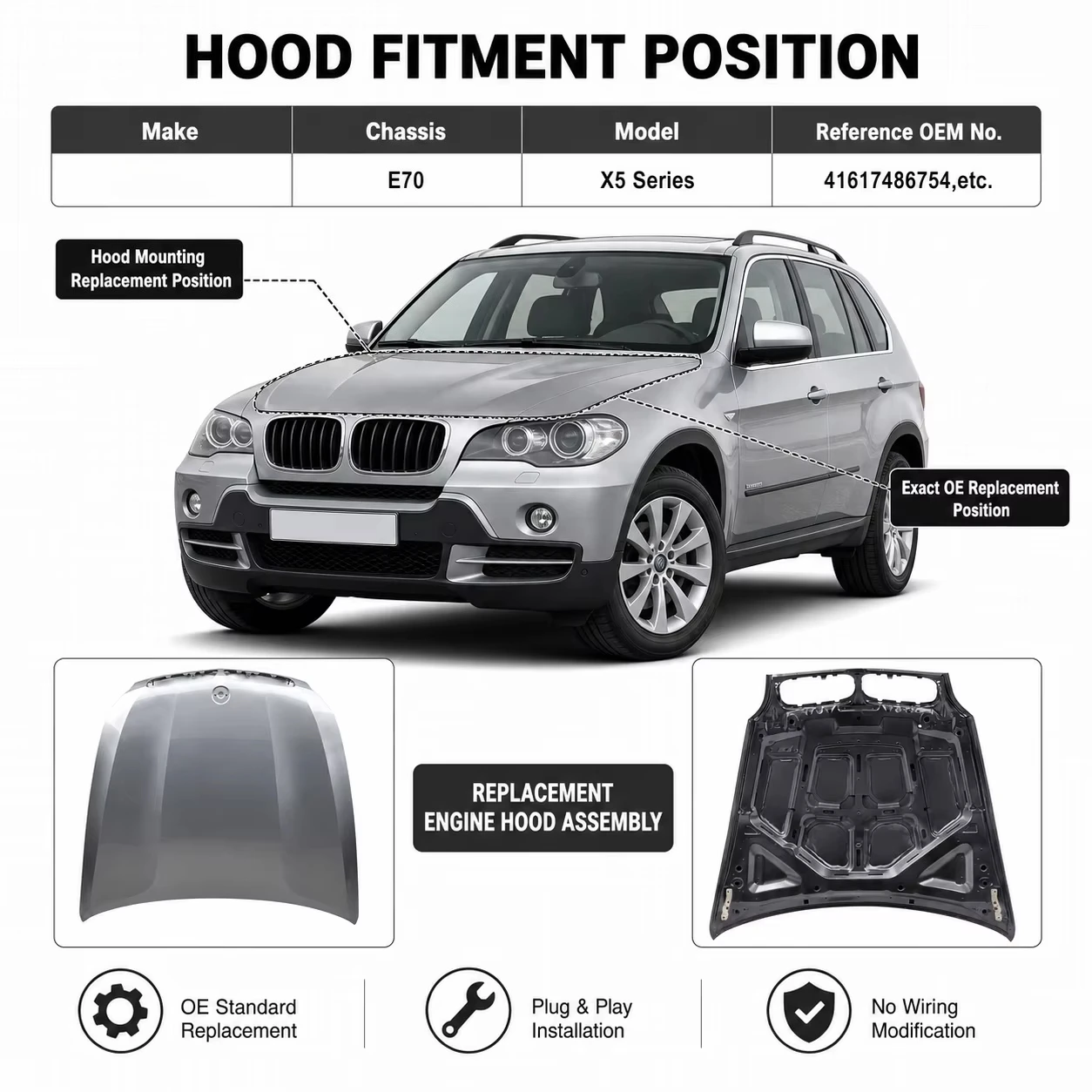 Replacement Engine Hood Assembly for X5 Series E70, OE 41617486754, Direct Replacement, Plug and Play, Easy Installation