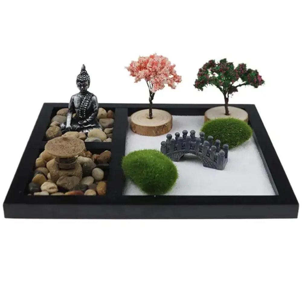 Mini Zen Garden Kit with Buddha Figurine, Desktop Sand Table for Office Desk Home Decor, Meditation & Stress Relief Crafts