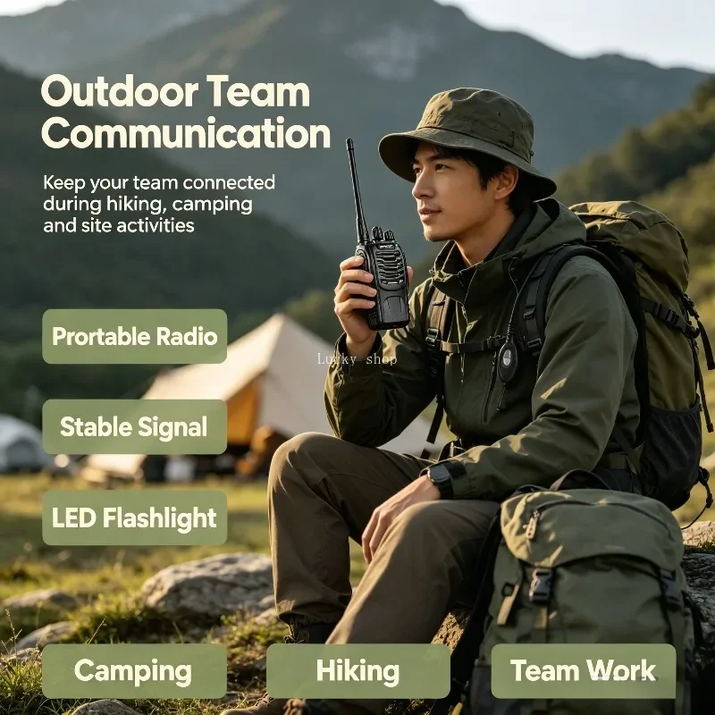 Walkie-Talkie portatile a lunga distanza con torcia a LED, potenza ≤5W, scocca in ABS, ideale per campeggio, lavori edili e magazzini.