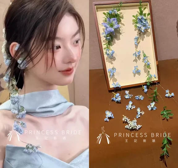 New light blue flower headdress Mori garland high sense temperament bride morning gown travel pat hair styling headdress