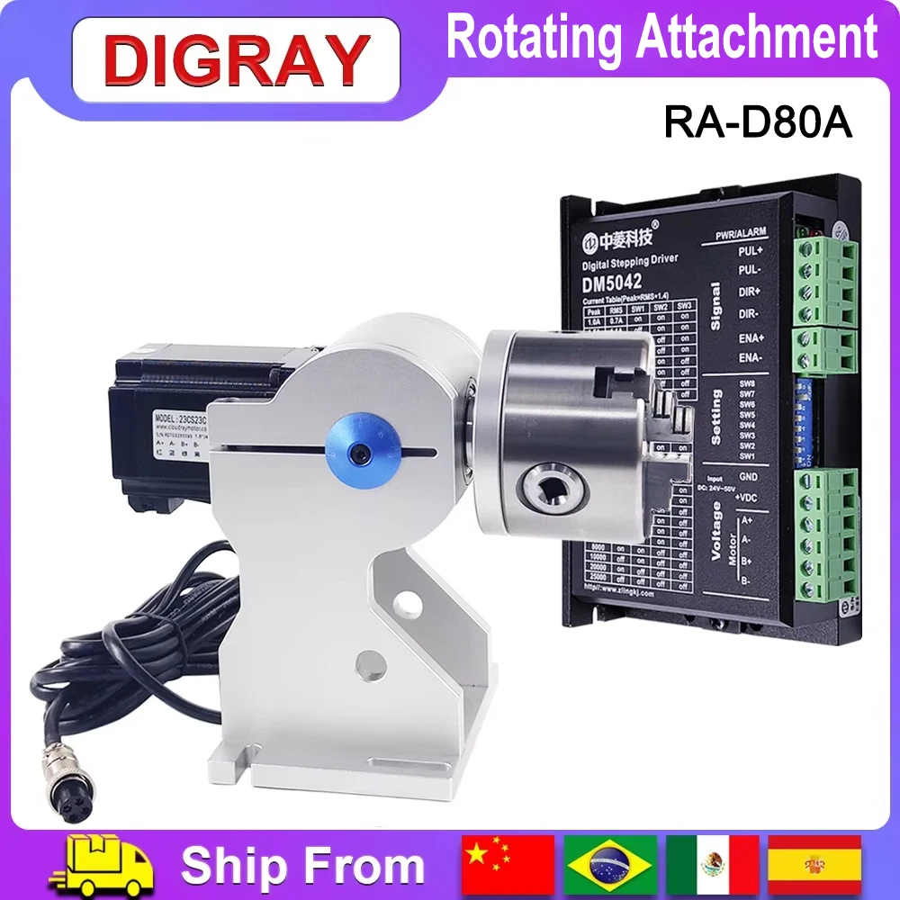 Dispositivo Rotante Digray RA-D80A Con Tre Mandrini + Driver DM5042 Per Macchina Per Marcatura Laser A Fibra E CO2 Uv-image