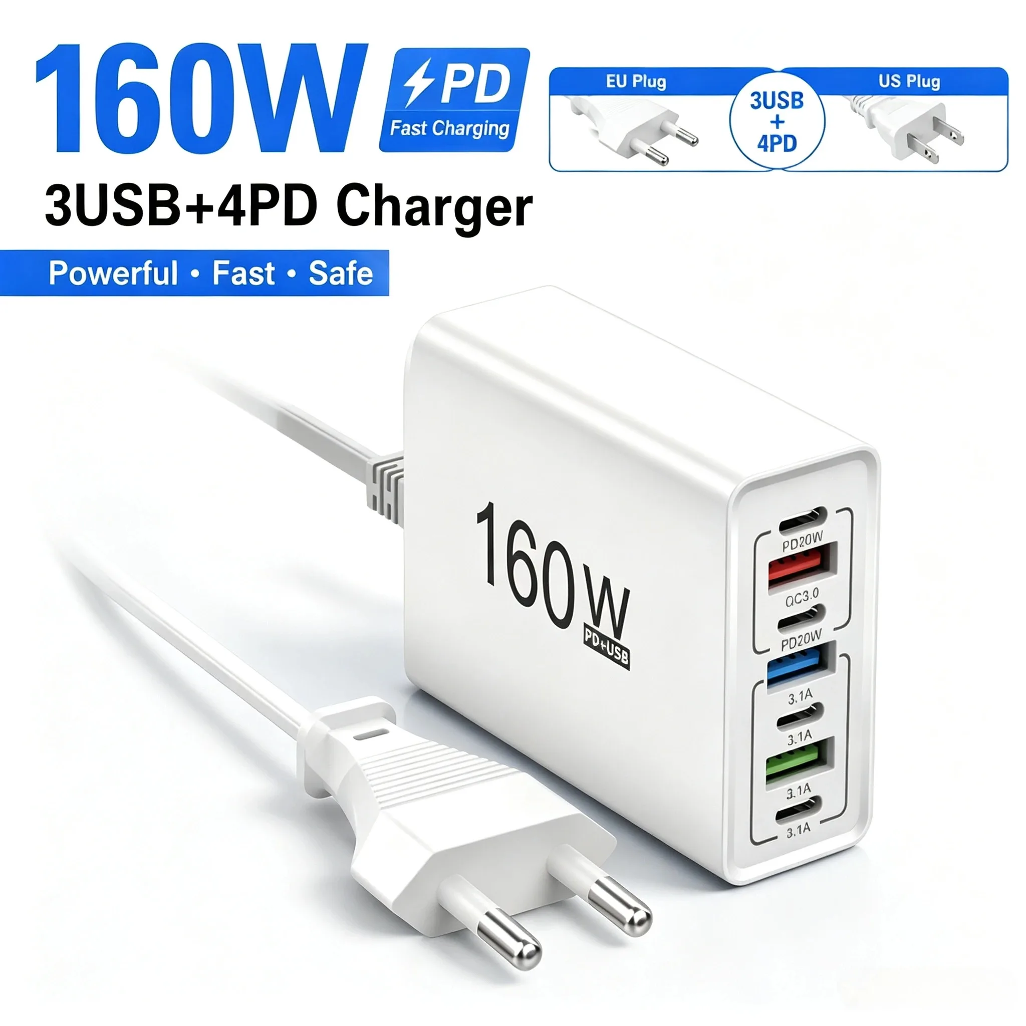 160W 7-Port Multi USB Charger PD QC3.0 Fast Charging EU/US Plug 3.1A USB Wall Adapter for iPhone Samsung Xiaomi iPad Travel