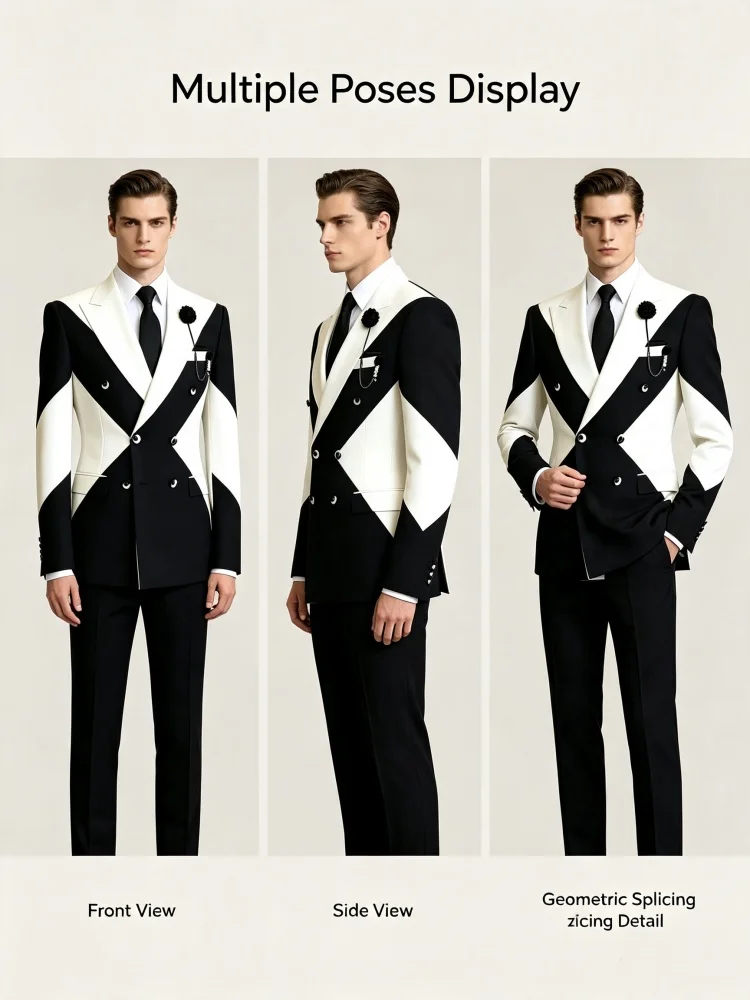 Men Business Casual Blazer Color Block Double Breasted Lapel Flower Brooch Slim Fit Wedding Suit Groom Stage Formal Tuxedo Jacke