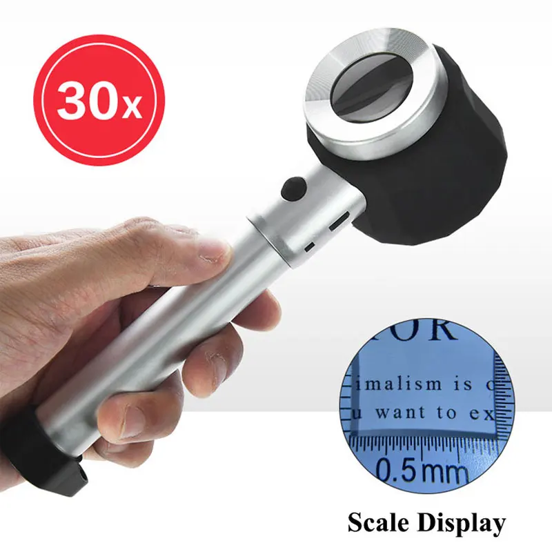 Handheld Lupa com Luz Led Iluminado Lupa Clear Scale Repair Jóias Observando Medida 30x