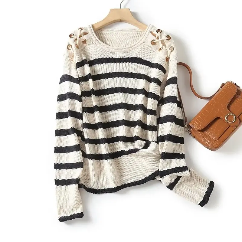 Dave&Di Autumn And Winter French Office ladies Sweater Strap Striped Retro Casual Sweater Women Knitwear Ladies