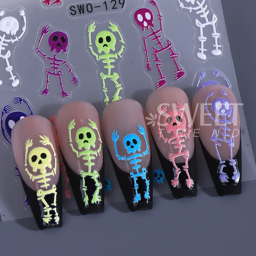 SWEET TREND-1/2pcs Halloween Nail Stickers 5D Embossed Colorful Skeleton Skull Nail Decals for Women DIY Manicure Decor Supplies
