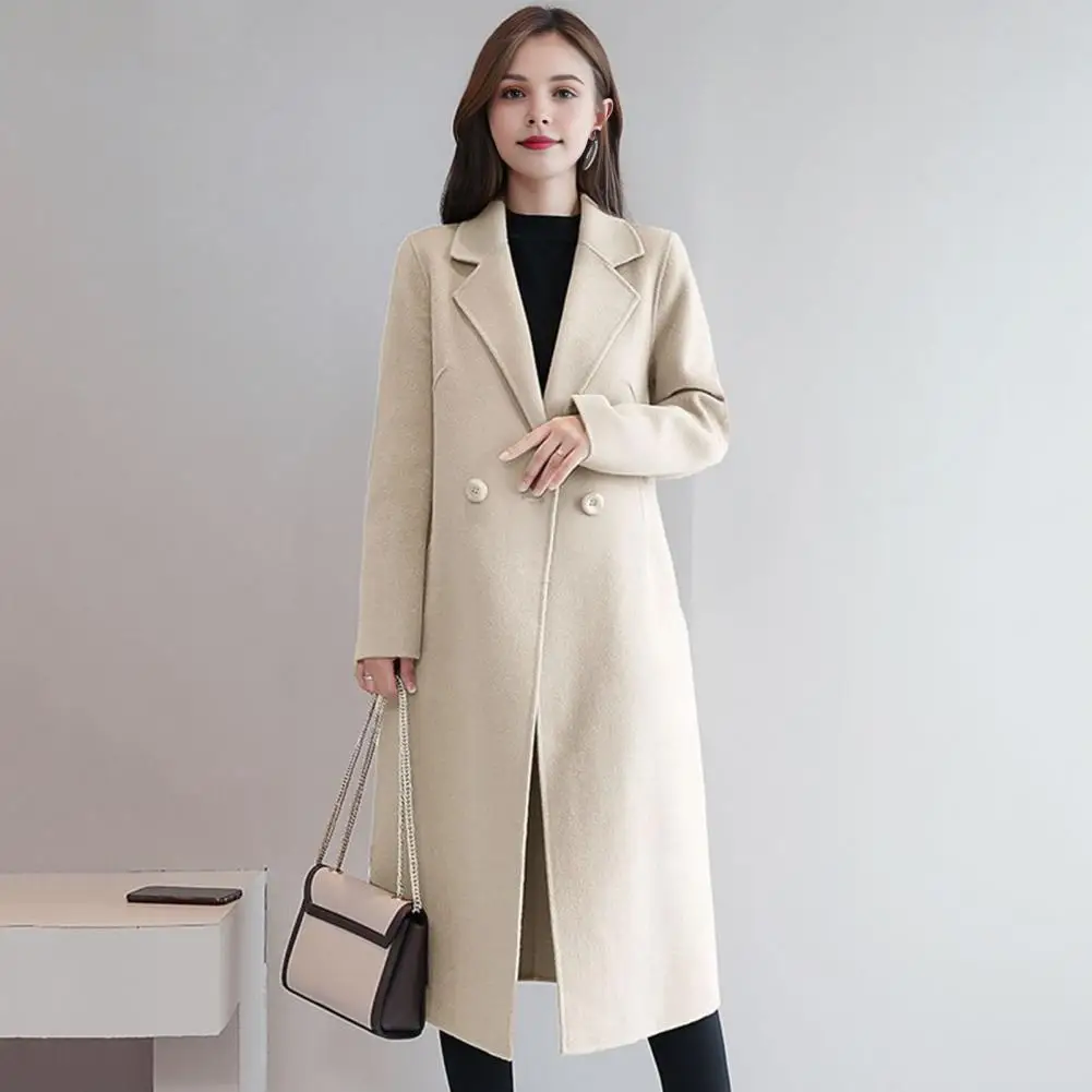 

Women Jacket Turn-down Collar Pockets Double-breasted Overcoat Thermal Long Sleeved Commuting Dating Spring Fall Winter Coat