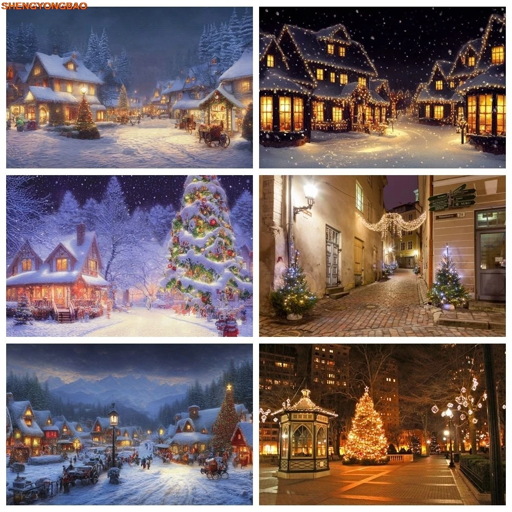 

Winter Christmas Village Backdrop Snow Town House Street Snowfield Xmas Party Family Photography Background Decor Photo Studio