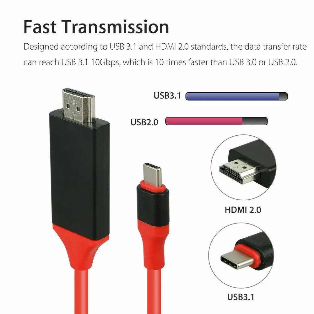 Type C To HDMI Cable for Home Office HDMI-Compatible Converter  6FT 1080P HD TV Cable Adapter For Android Phones Samsung Galaxy