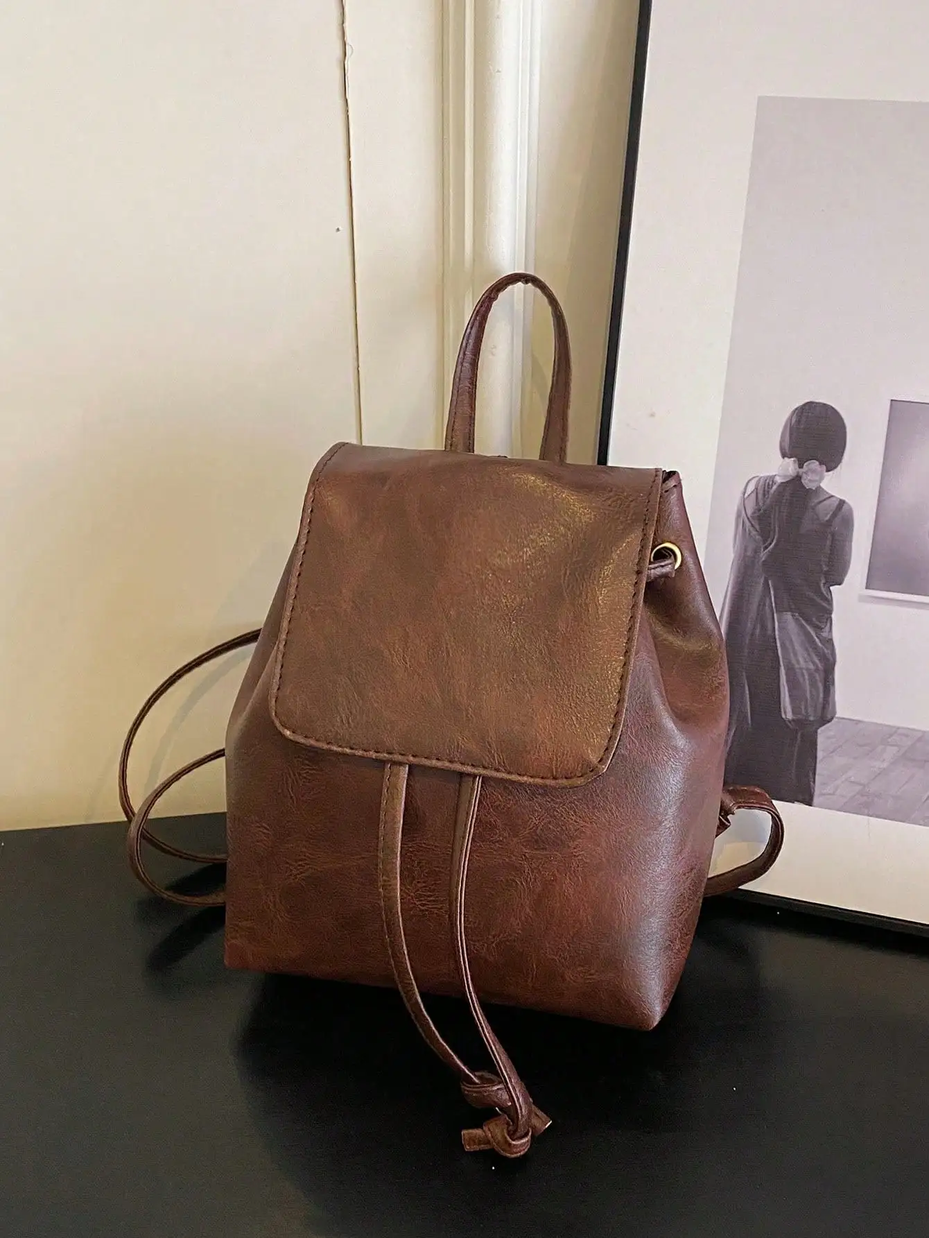 Large Capacity Korean PU Backpack, Niche Minimalist Artistic Style, Drawstring Design, Classic Holiday Travel Office Essential, Suitable For Bookbag, Student Backpack, Back To School Backpack, Large Capacity Backpack, Waterproof,   sg25061253021431530