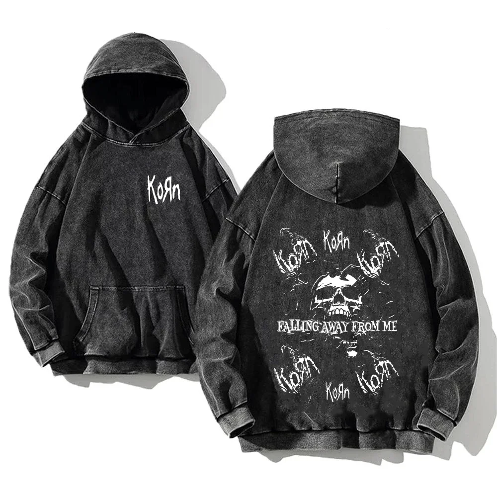 Korn Rock Band World Tour Hoodies Vintage Washed Men\'s Sweatshirts Cotton Hip Hop Streetwear Hooded Pullover Loose Y2K Tops