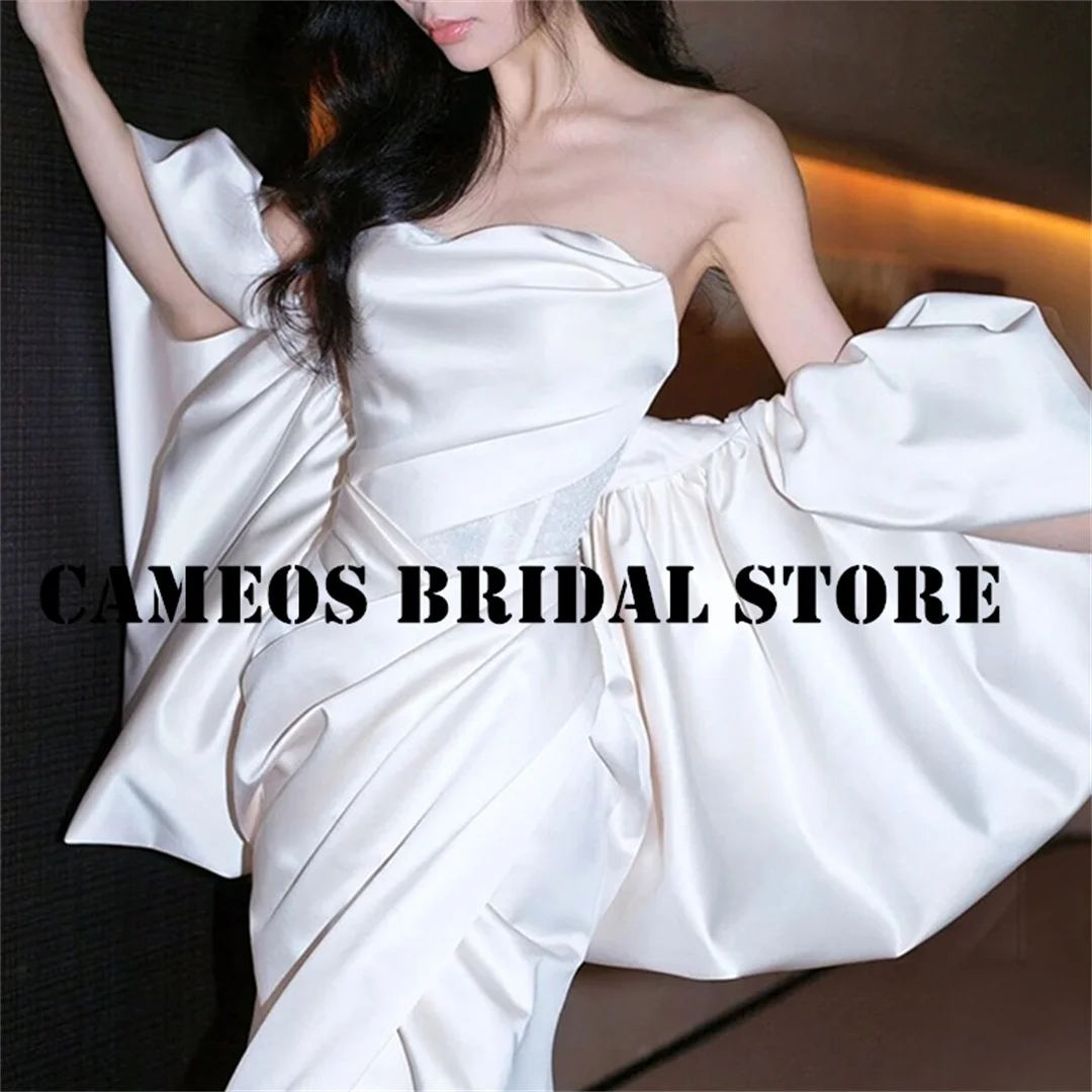 SONDR Custom Made Satin Simple  High End Wedding Dresses Strapless Puff Sleeves Ruched Ivory Brides Gowns Women Bridal Dresses