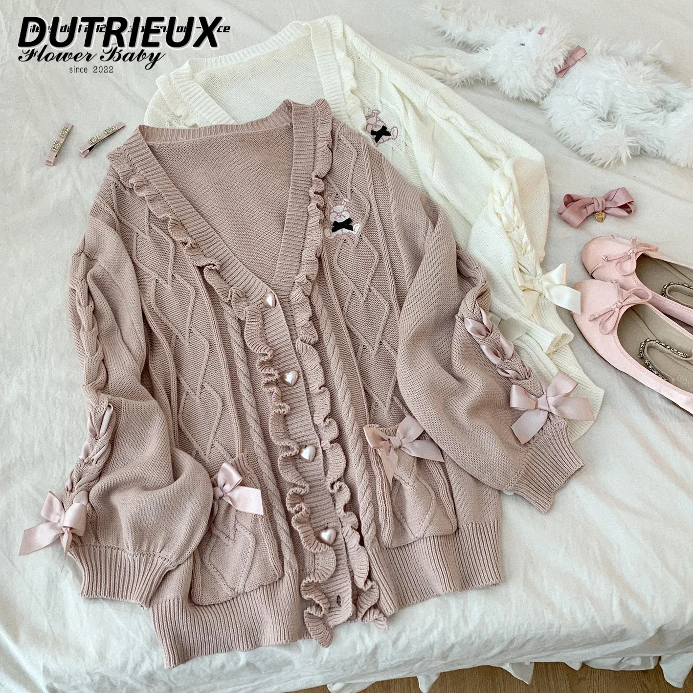 

Japanese Sweaters Women Fashion Love Button Strap Bow Rabbit Embroidery Sweater Jacket Autumn Loose Lolita Girl Knitted Cardigan