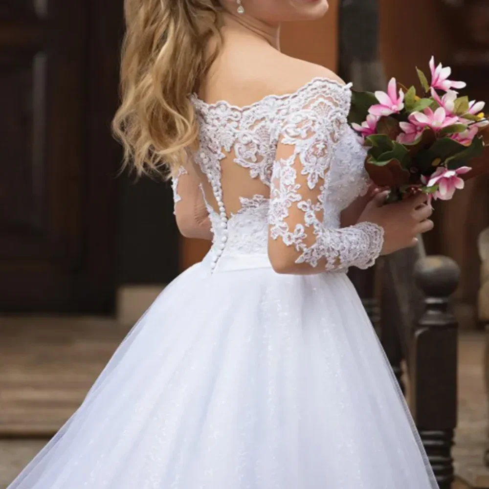 Vestidos De Novia De línea A De princesa blanca, cuello Barco, manga larga, Apliques De encaje, tul, ocasión nupcial, 2024