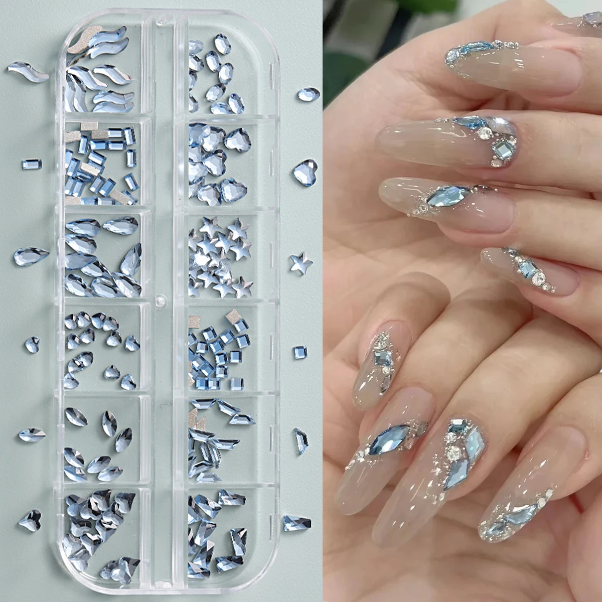 Blue Nail Art Rhinestones Kit Flatback Crystal Gems Silver Micro Bead Star Marquise Square Rhinestone For Diy Nail Decorate