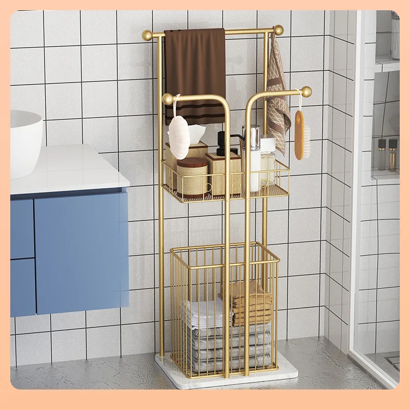 

Bathroom, bathroom, bathtub side rack, floor-to-ceiling light luxury rock slab, bath towel, towel storage rack.