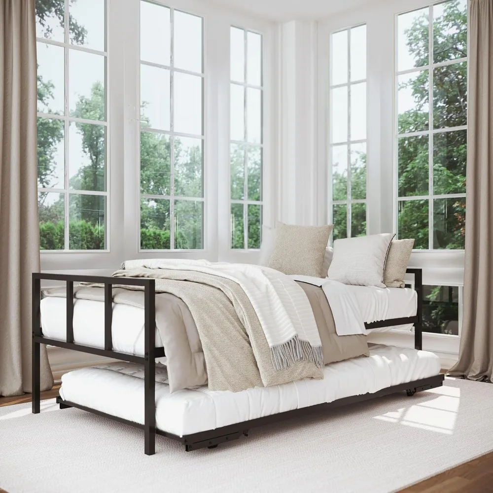 

Twin Daybed And Fold- Up Trundle Set, Daybed With Pop Up Trundle, Black Frame - Mattresses Sold Separately