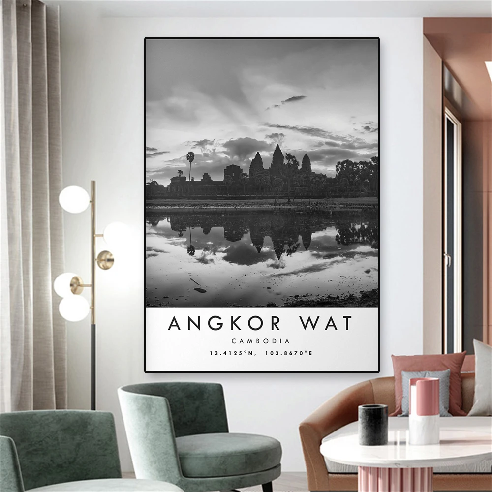 Modern Angkor Wat Travel Print Cambodia Poster Black and White Unique Wall Art Canvas Painting Coordinates Minimalist Home Decor