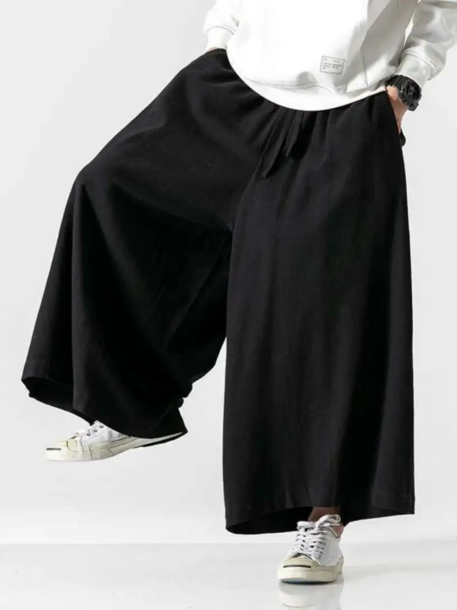 

New Spring Men's Cotton Linen Loose Wide Leg Nine Points Casual Pants High Waist Long Trousers Comfortable Breathable Retro S...