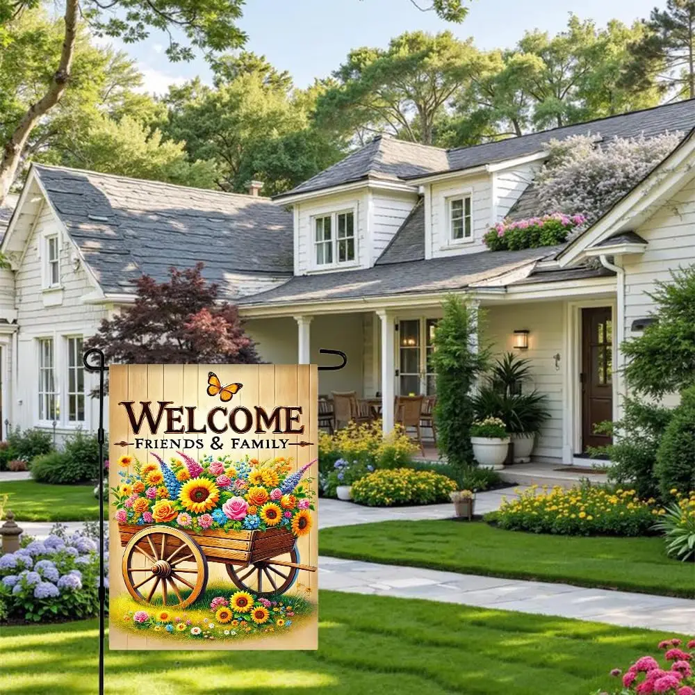 1PC 12x18 Inch Welcome Friends and Family Garden Flag with Colorful Sunflowers Roses Butterfly Wooden Wagon for Outdoor Yard kkz