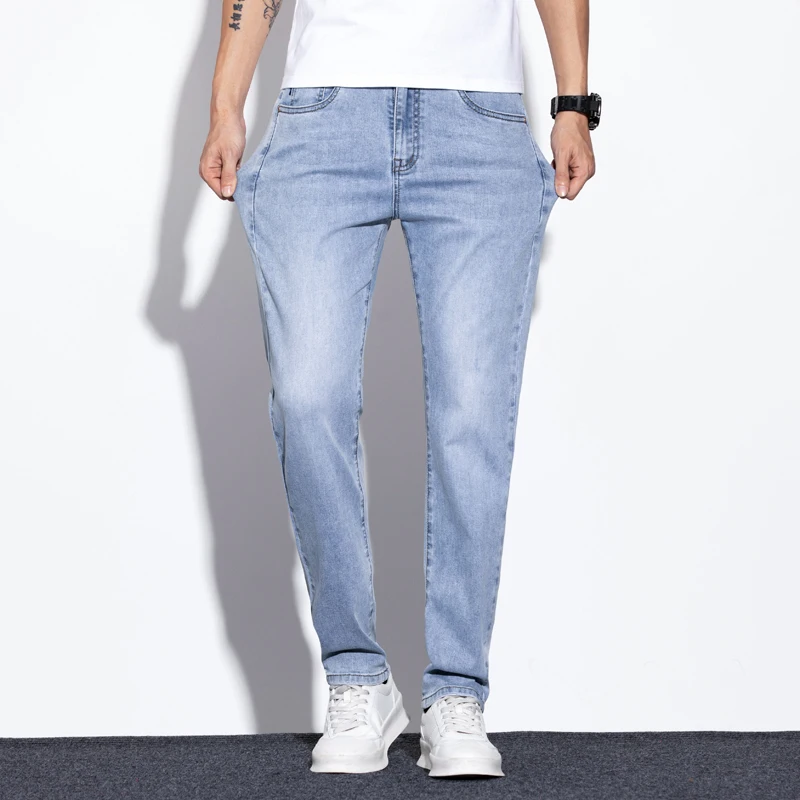 High Quality Men's Elastic Cotton Jeans Fashion Light Blue Comfortable Business Straight Casual Pants Luxury Brand Trousers