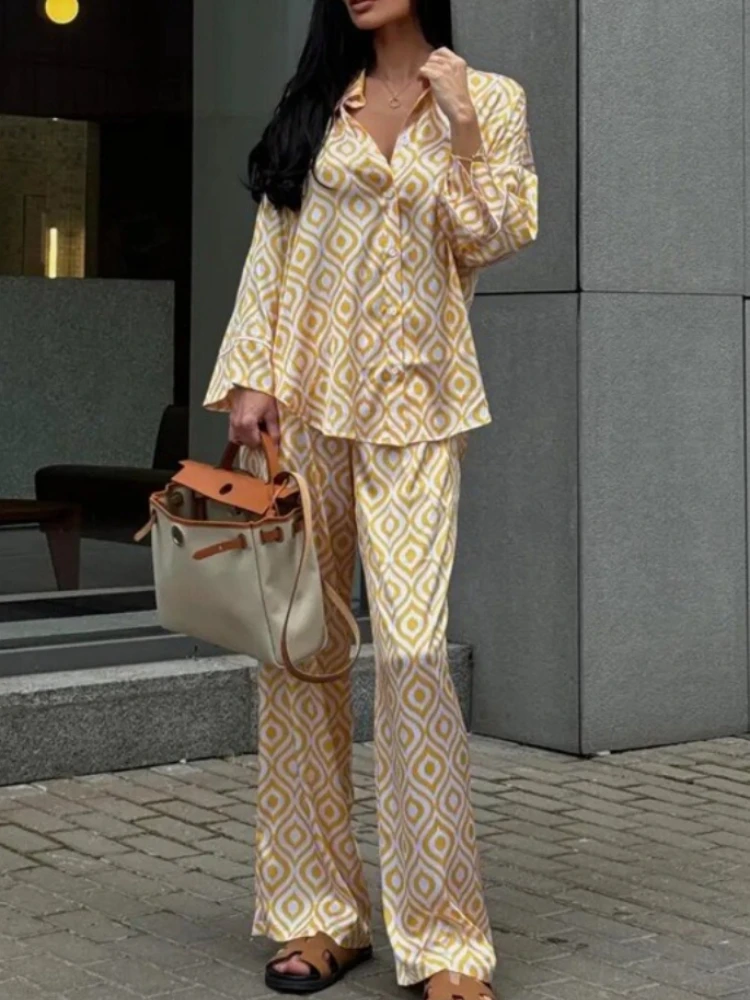 

Casual Printing Shirts 2 Piece-Set Leg Trousers Female Lace-Up Contrast Lapel Shirt Wide-Leg Pants Loose Women Pants Sets