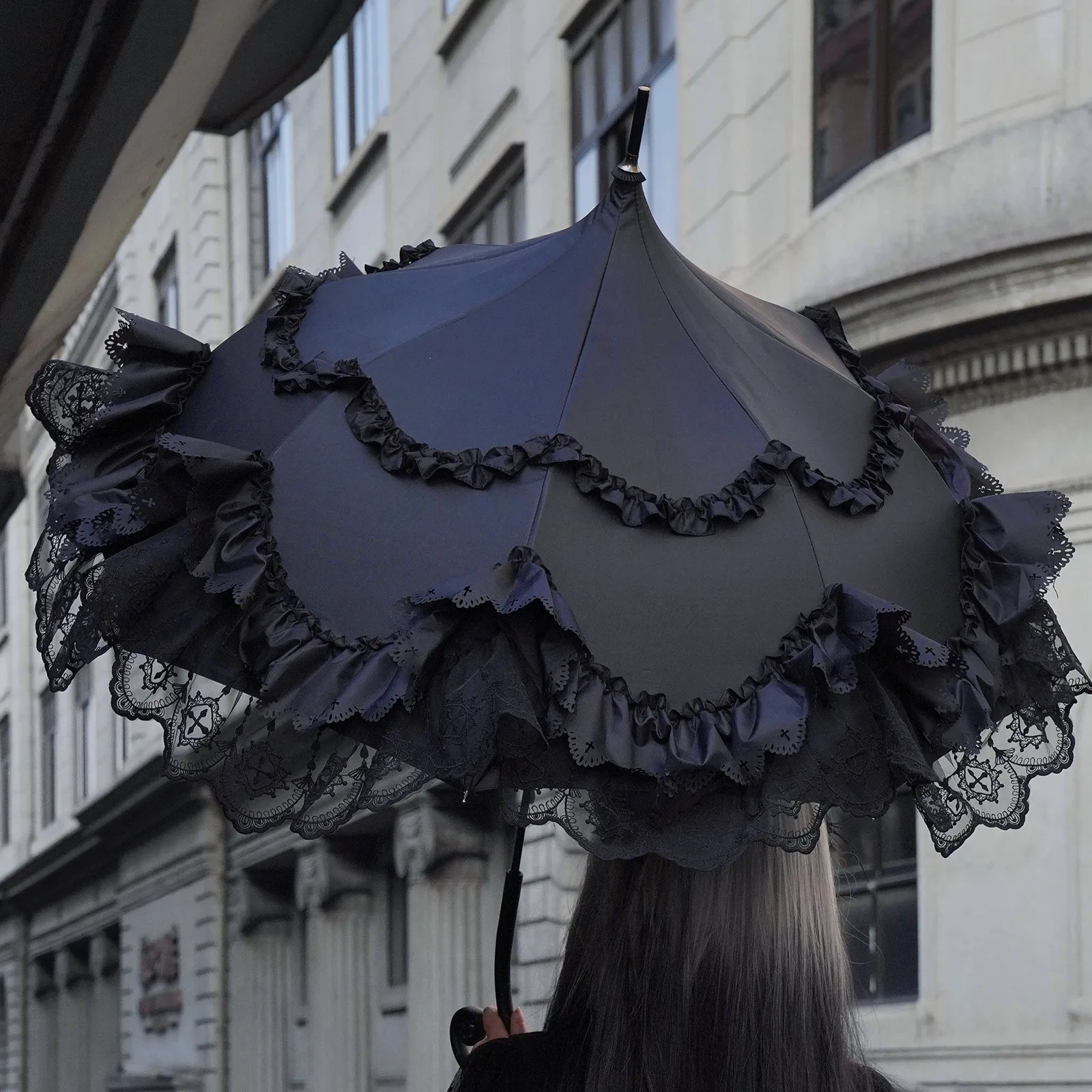 21 Inch 8 Rib Black Black Coating Lolita Straight Umbrella, Lace Fringe UV Protection Rain Sun Parasol