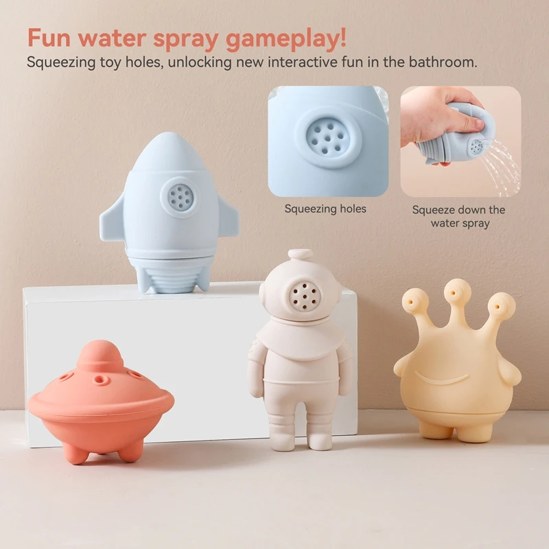 Giocattoli da bagnetto per bambini Astronauti dei cartoni animati in silicone animale Gioca con i giocattoli d'acqua No BPA Nuoto Bagno Giocattolo per vasca da bagno con irrigatore in silicone per bambini