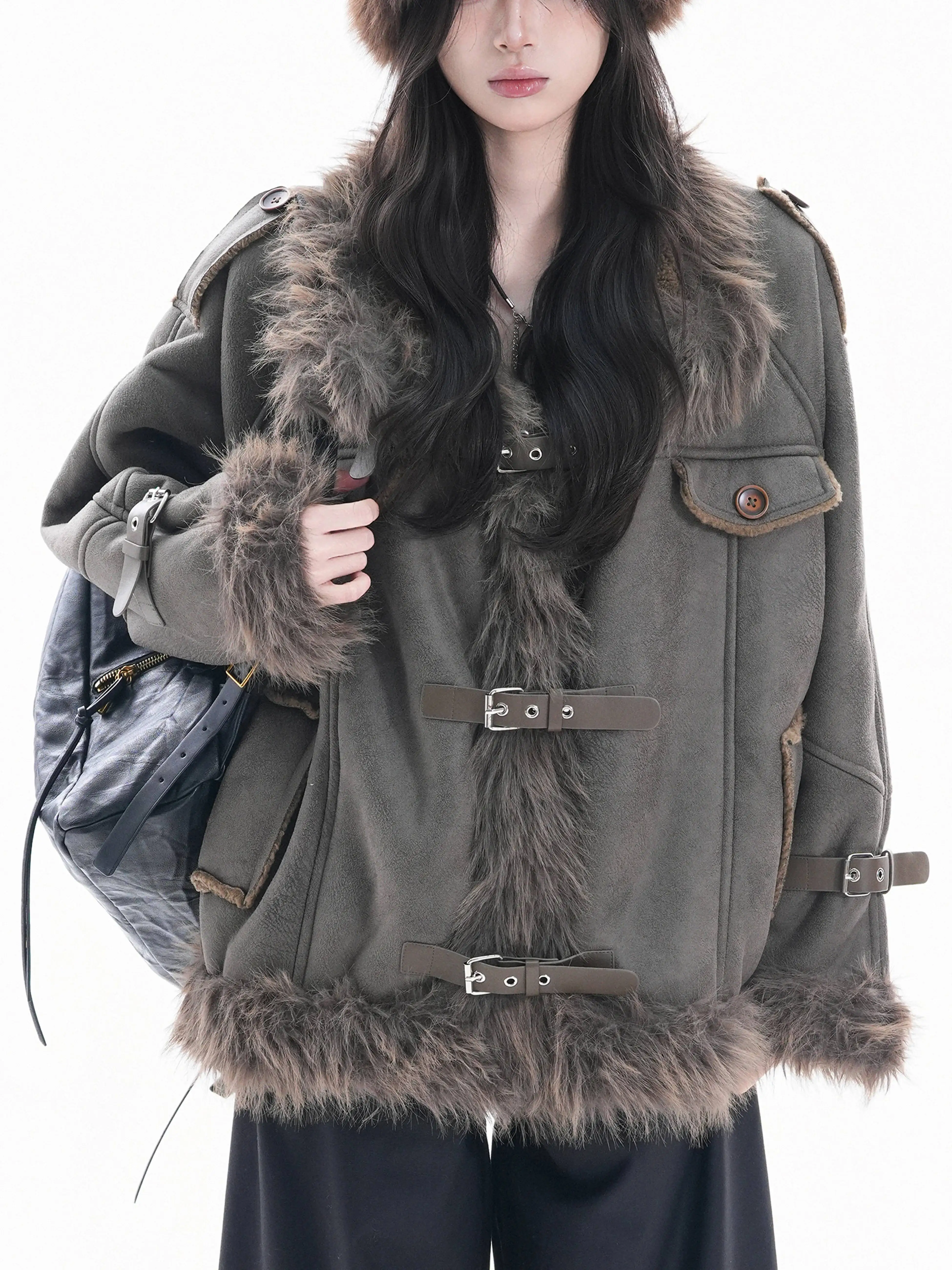 Women Parkas 2026 New Autumn Winter Furry Lapel Suede Cotton Coat Retro Barn Button Front Warm Padded Jacket Cold Outerwear