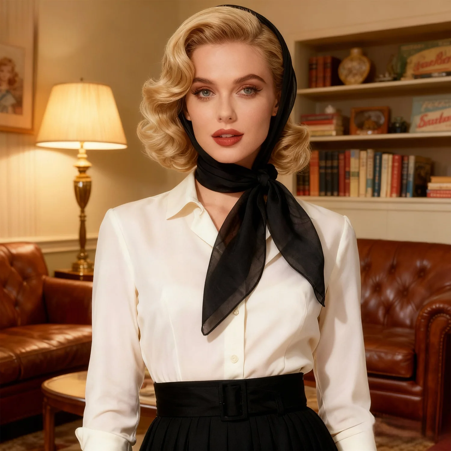 PESENARs klassischer schwarzer Seidenschal mit 1950er-Jahre-Charakter, Kostümparty, Karneval