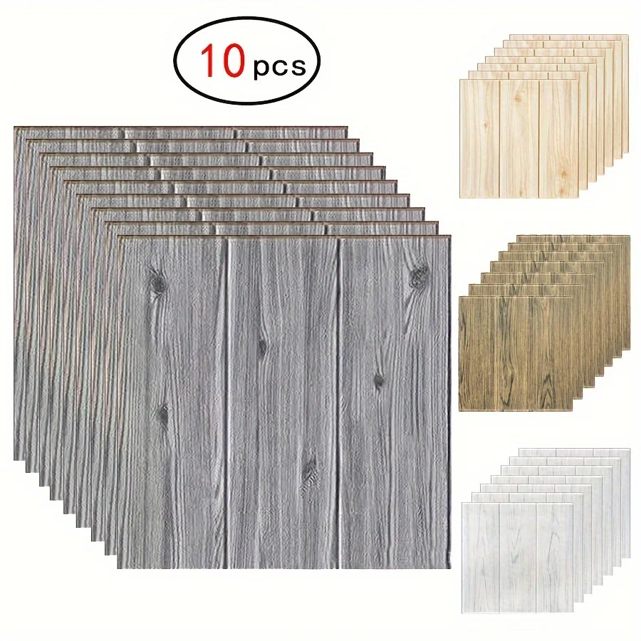 10pcs Wood Grain Wallpaper Panels Peel and Stick for Interior Wall Decor Self-Adhesive Foam Wall for TV Background Walls Bedroom