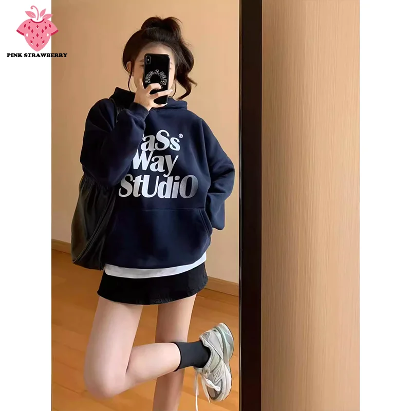 

American Style Navy Blue Plush Hoodie Women Autumn Winter 2025New Oversize Cotton Casual Pullover Y2K Tops Women Warm Sweatshirt