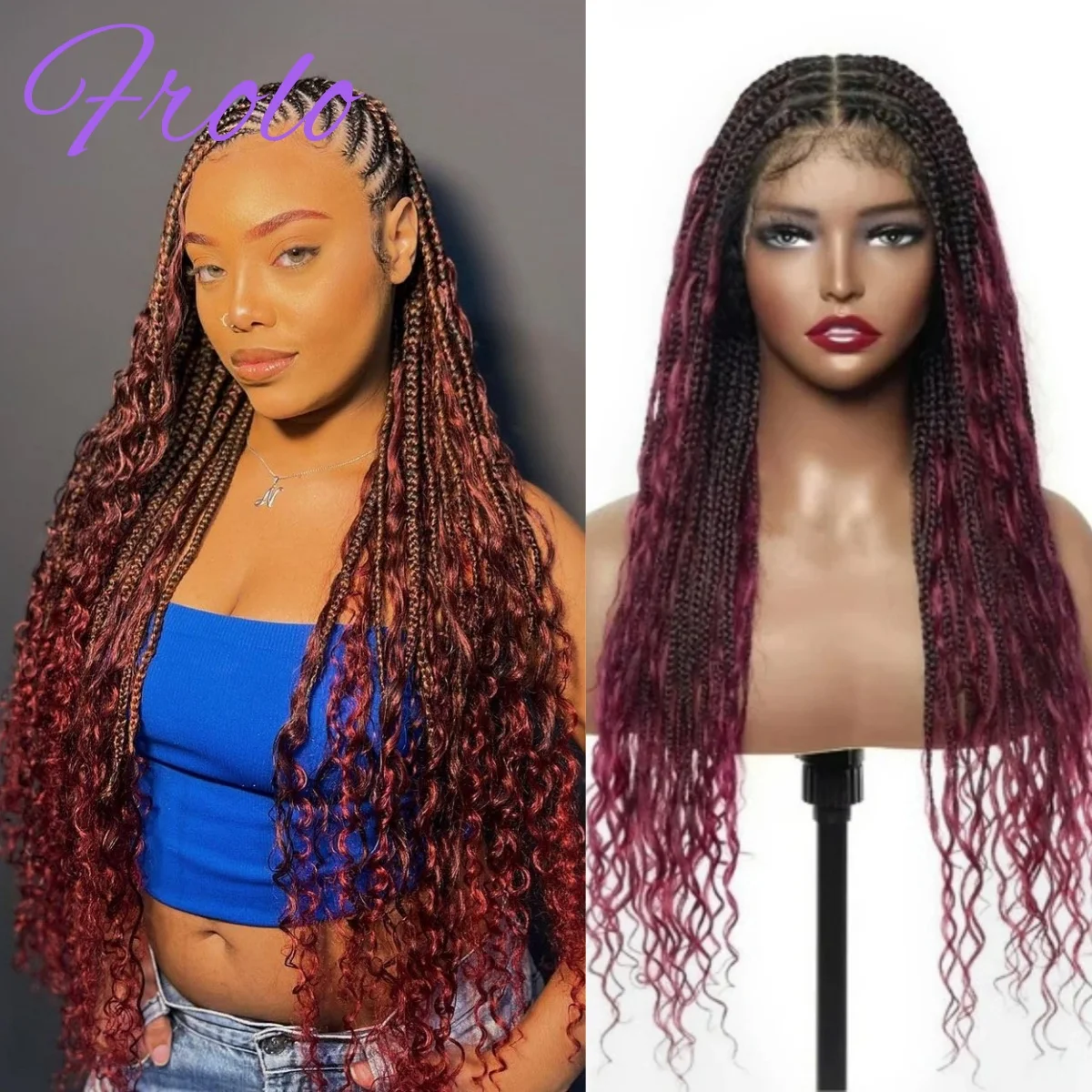 

180 Density Ombre Burgundy 360 HD Full Lace Front Wigs Boho Braided Wig With Invisi Drawstring Pre Plucked With Brazilian Hair