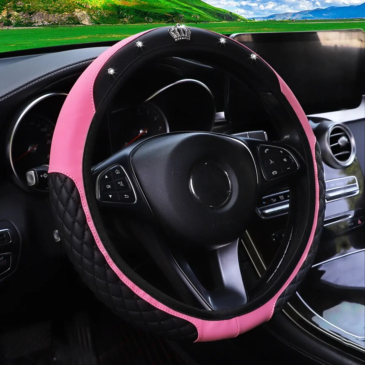 Leather Artificial Diamond Crown Car without Inner Ring Steering Wheel Cover Car Accessories Steering Wheel Size 14.5-15INCH